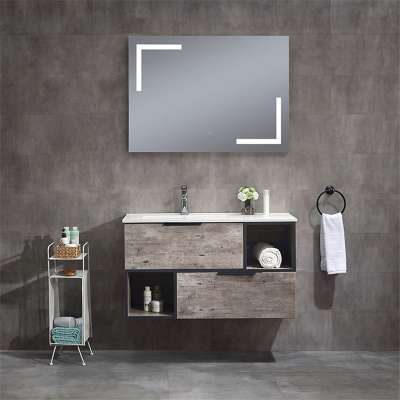 Modern Wc Hand Wash Cabinet Wall Hung Laminated Wooden Bathroom Furniture With Light Mirror