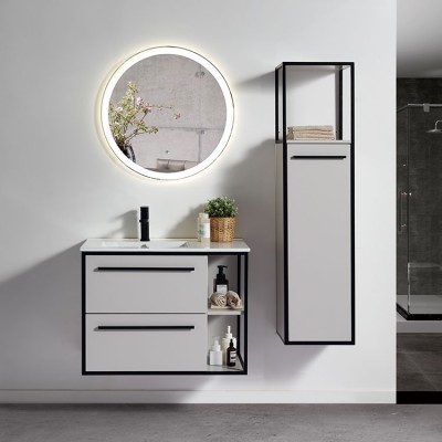 Ojans New Arrival 2020 Modern European Style Wall Mounting Wash Sink Round Backlit Led Mirror Bathroom Vanity Cabinet For Home