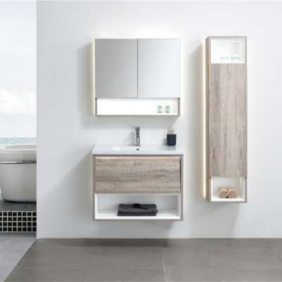 New Fashion Laminated Wood Grain Wall Mounted Modern Vanity Bathroom With Mirror Cabinet And Side Cabinet